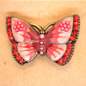 Vintage Pink & Red Gloss Enamel with Rhinestones Butterfly brooch